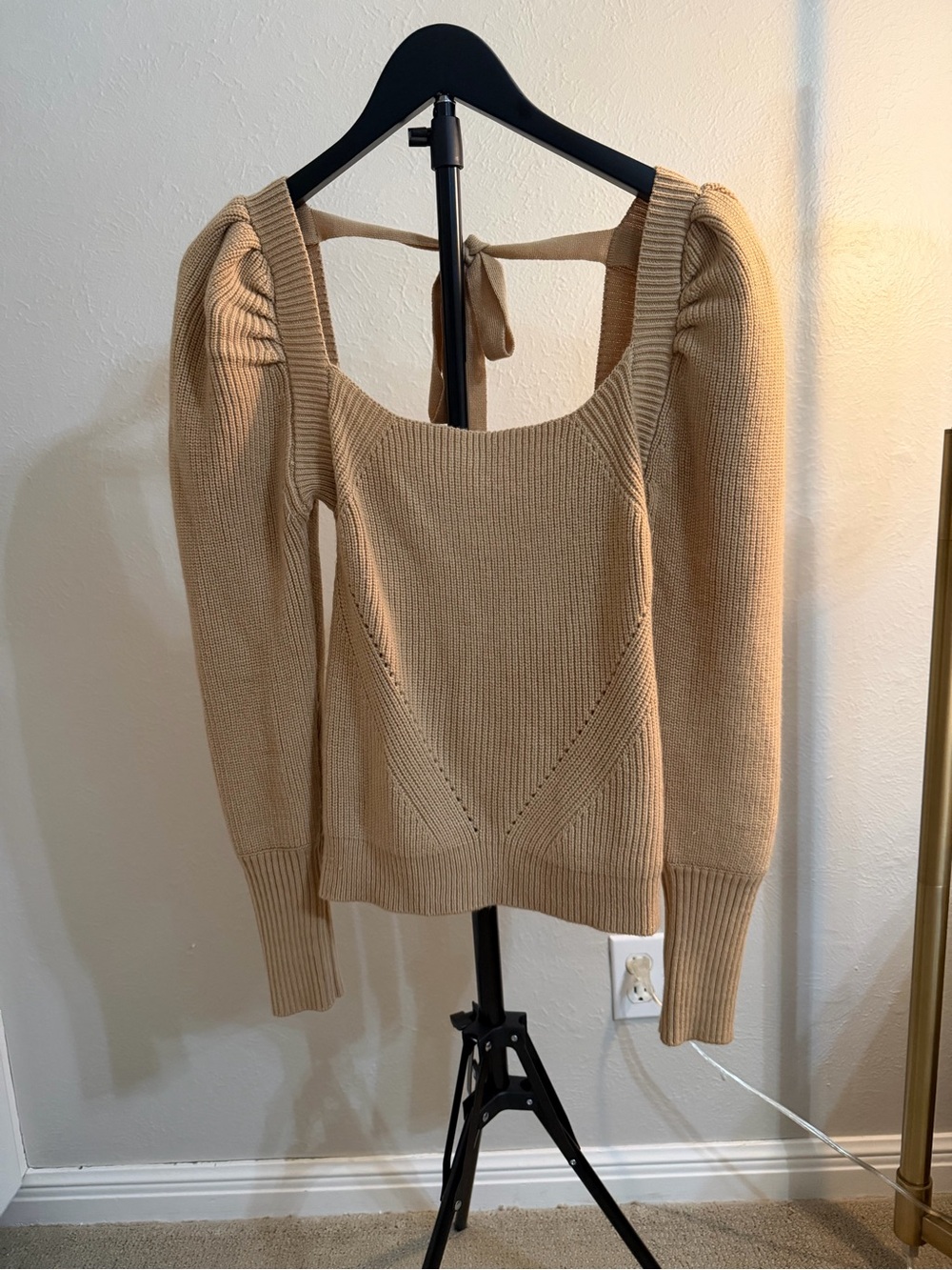 Wayf Tan Off-the-Shoulder Tie-Back Knit Sweater